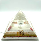 Orgonpyramide mit Rhodochrosit & Glaskugel mit "Lotusblüte" und Beleuchtung