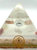 Orgonpyramide mit Rhodochrosit & Glaskugel mit "Lotusblüte" und Beleuchtung