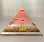 Orgonpyramide mit Rhodochrosit & Glaskugel mit "Lotusblüte" und Beleuchtung